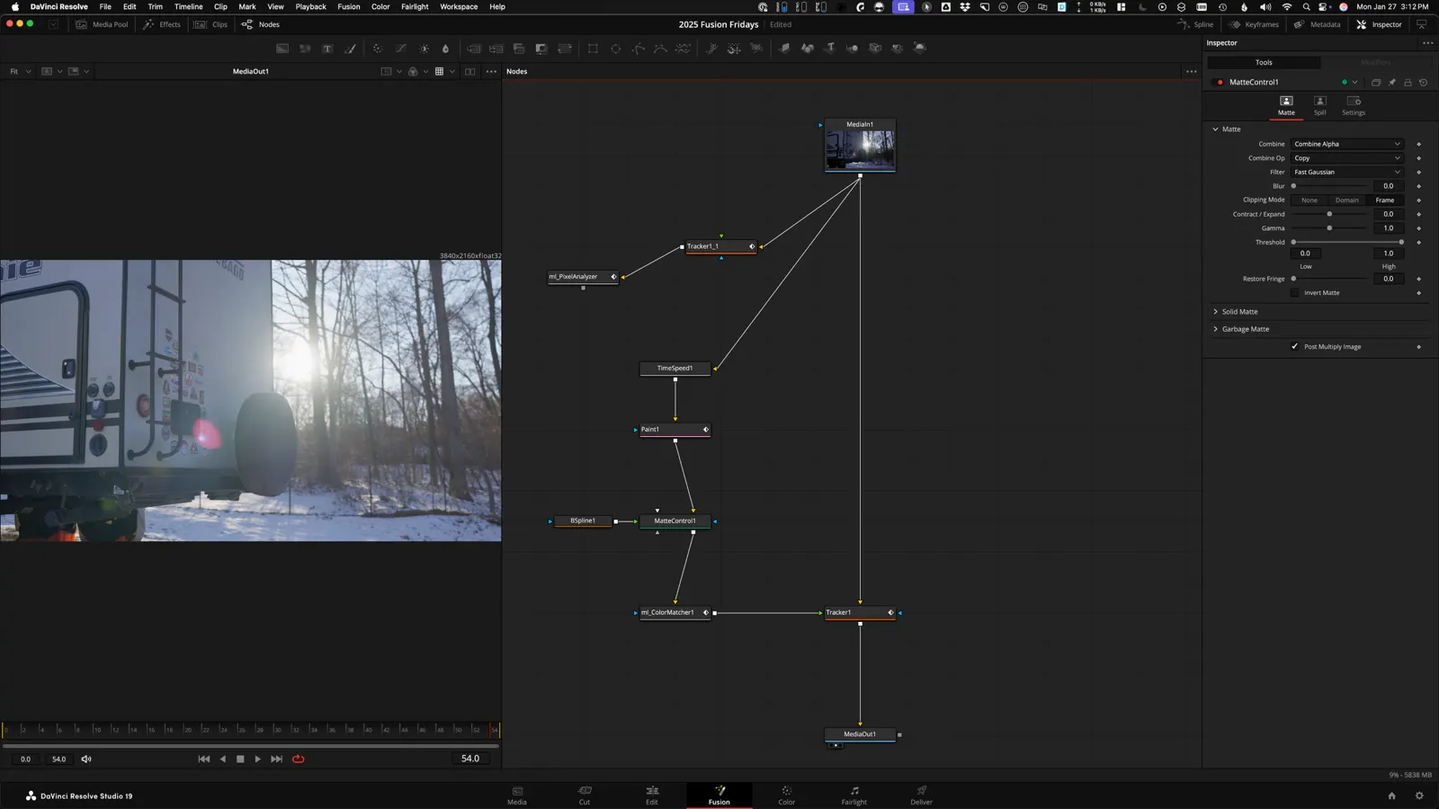 DaVinci Resolve Fusion node graph for a tracked manual clean plate object removal