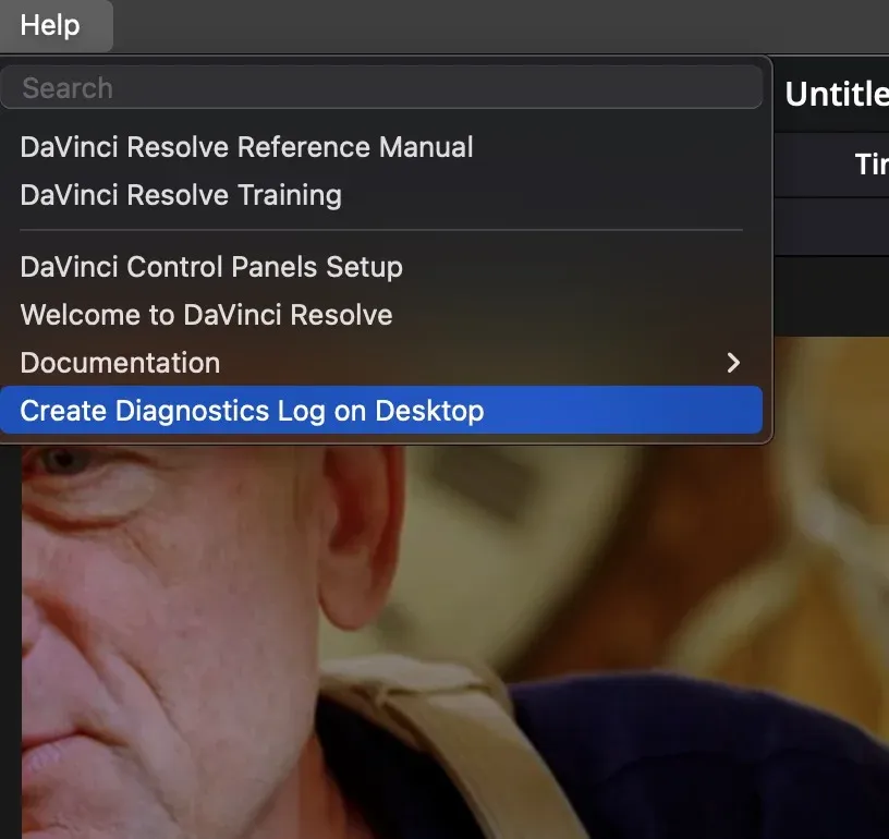 DaVinci Resolve Help menu with Create Diagnostics Log on Desktop selected