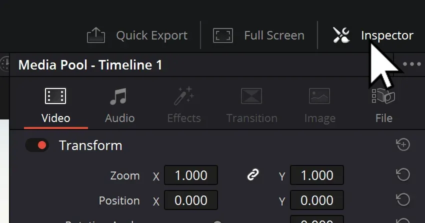 DaVinci Resolve Edit page with the Inspector button and Video, Audio, Effects, Transition, Image, and File tabs