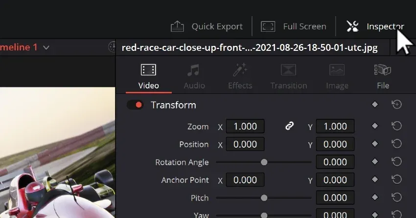DaVinci Resolve Video Inspector Transform panel with Zoom, Position, Rotation, Anchor Point, Pitch, Yaw, keyframes, and reset controls