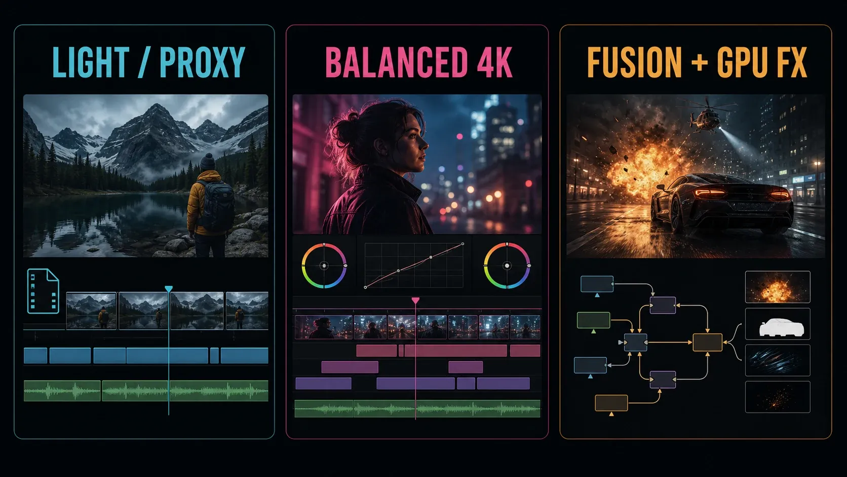 DaVinci Resolve laptop workload tiers for proxy editing, balanced 4K and Fusion GPU effects