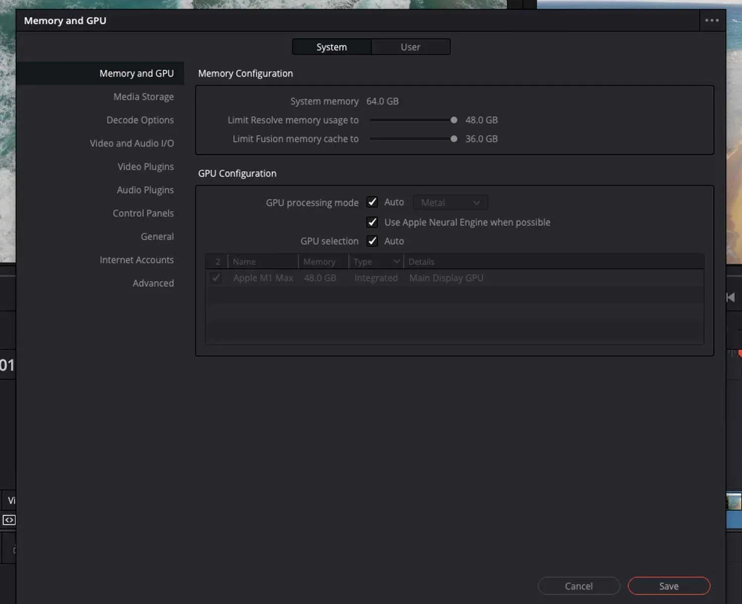 DaVinci Resolve Memory and GPU preferences showing memory limits GPU processing mode and GPU selection