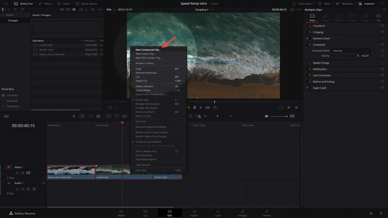 DaVinci Resolve Edit page context menu with New Compound Clip selected for several timeline clips