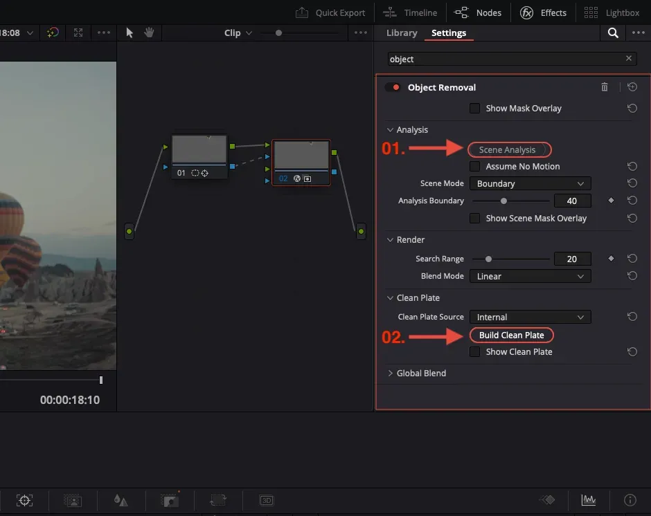 DaVinci Resolve Object Removal controls for Scene Analysis Search Range Blend Mode and Build Clean Plate