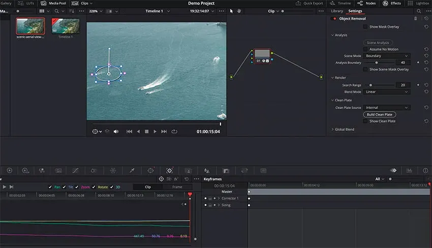 DaVinci Resolve Object Removal panel beside a tracked Power Window on the Color page