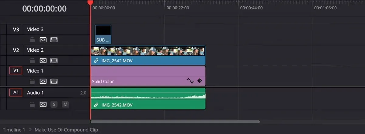 DaVinci Resolve compound clip opened to show video audio and title layers with the parent timeline path