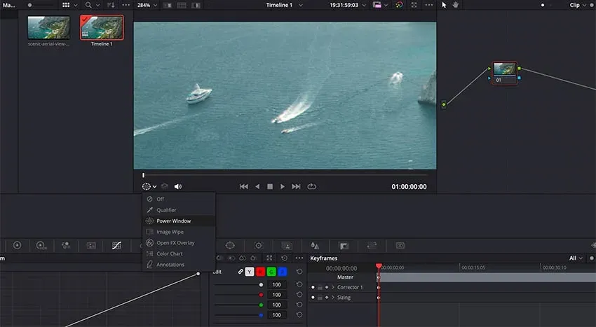 DaVinci Resolve Color page Power Window drawn closely around an unwanted person