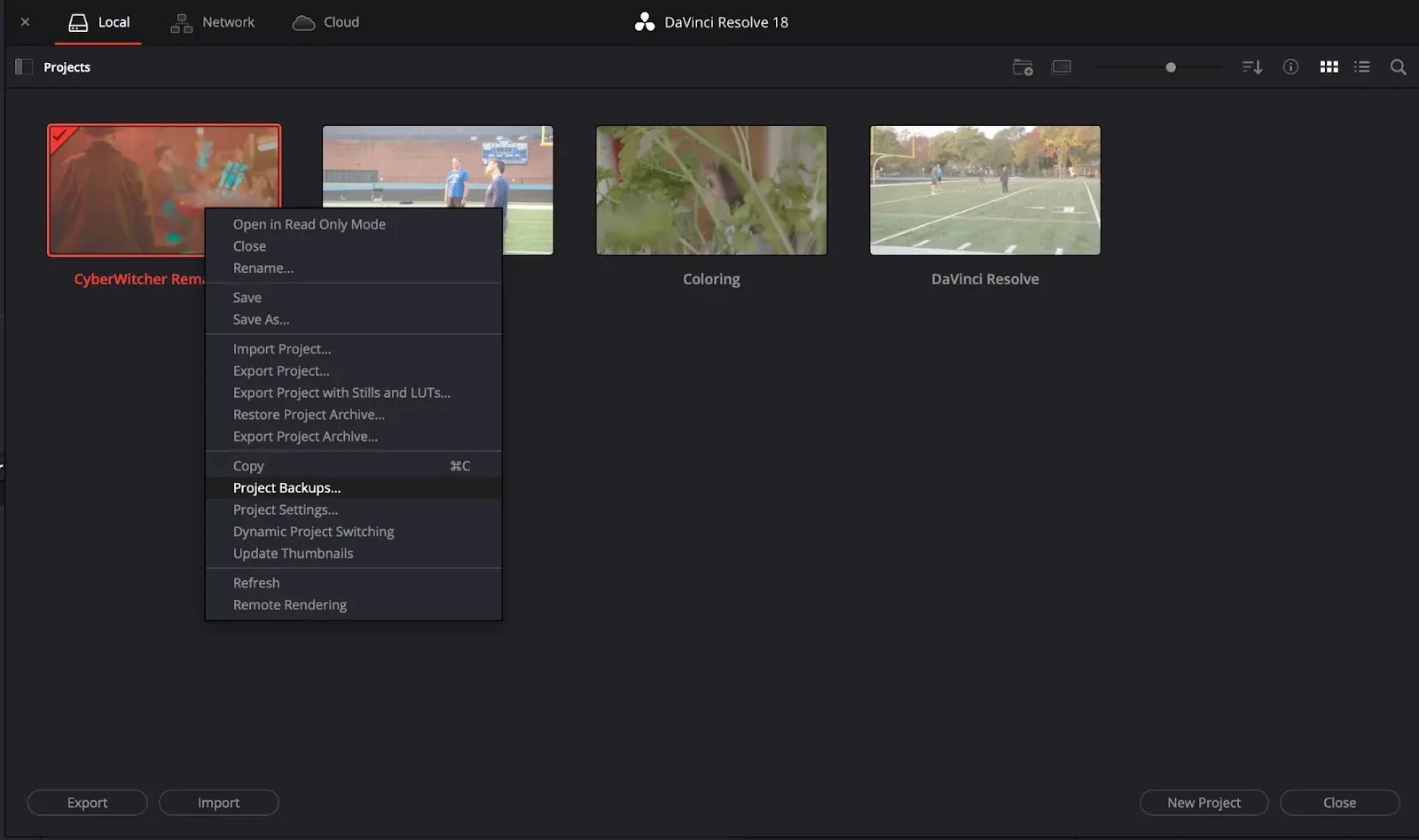 DaVinci Resolve 18 Project Manager menu with Export Project Export Project with Stills and LUTs and Project Backups