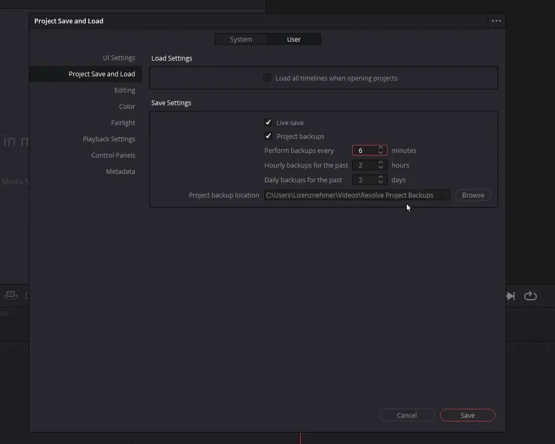 DaVinci Resolve Project Save and Load preferences with Live Save Project Backups retention and backup location