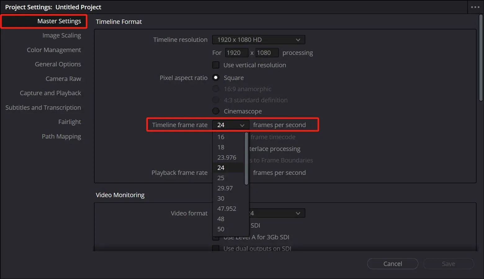 DaVinci Resolve Project Settings with Timeline frame rate in Master Settings