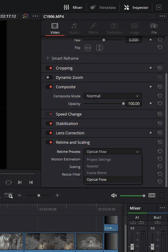 DaVinci Resolve Inspector Retime and Scaling panel with Nearest Frame Blend and Optical Flow choices