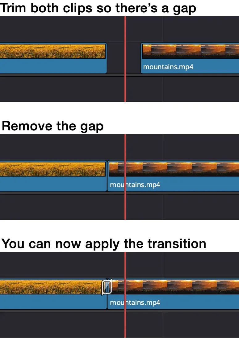 DaVinci Resolve timeline sequence trimming two clips to create transition handles before closing the gap