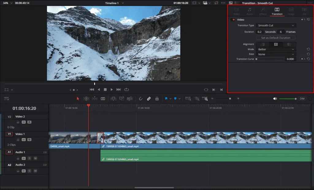 DaVinci Resolve transition Inspector with duration alignment ease and transition curve controls