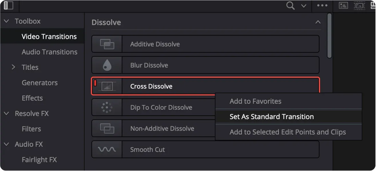 DaVinci Resolve Effects Library menu for setting Cross Dissolve as the standard video transition