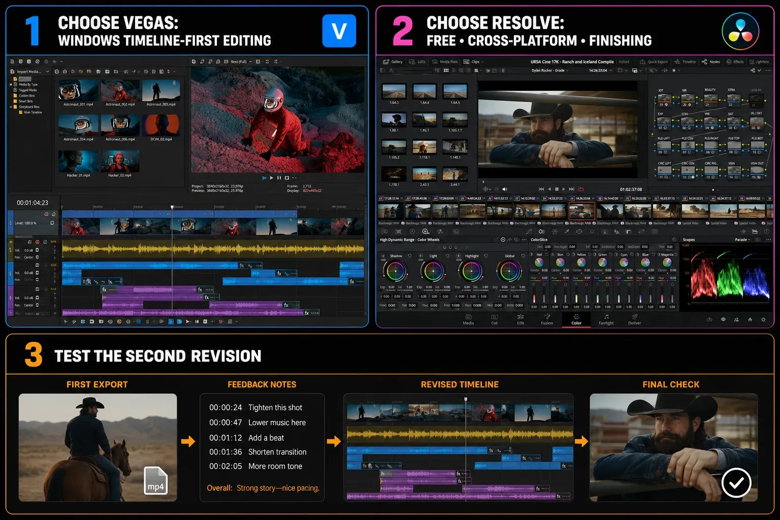 VEGAS Pro 2026 timeline and DaVinci Resolve 21 post-production pages in a workflow decision map