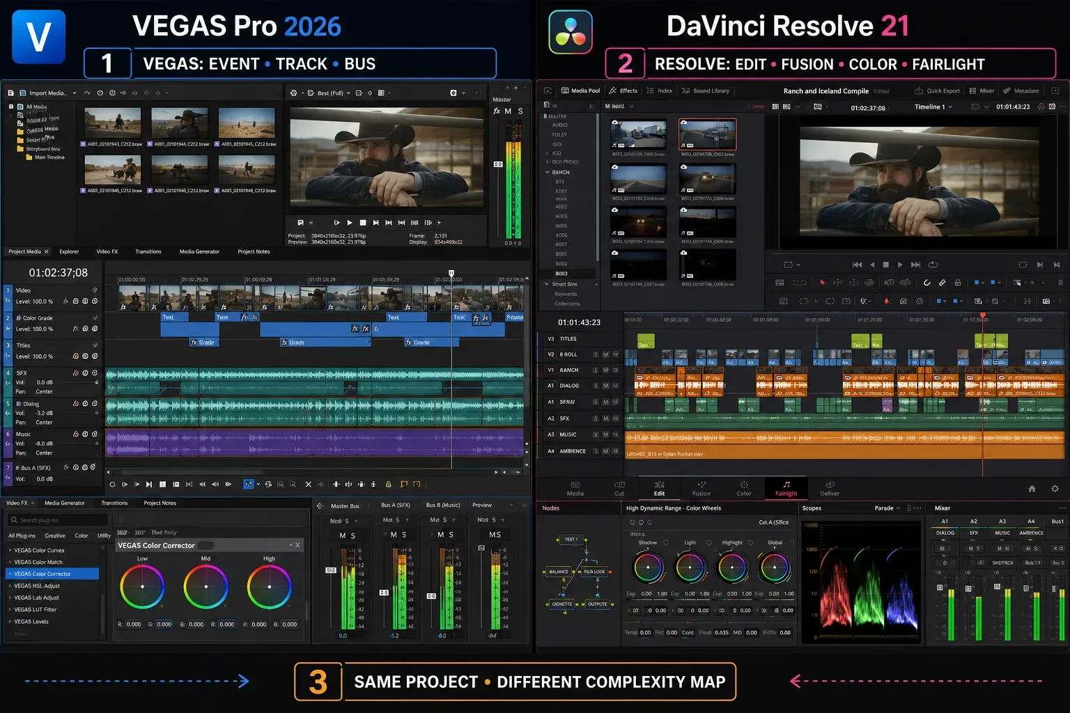 VEGAS Pro 2026 event timeline compared with Resolve 21 Edit, Fusion, Color and Fairlight workspaces
