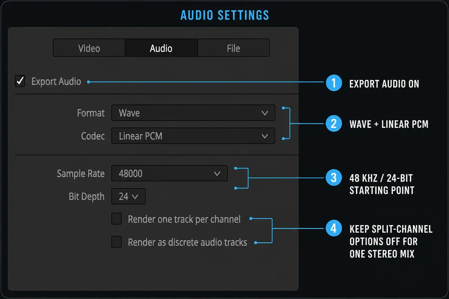 DaVinci Resolve Audio export panel with Wave, Linear PCM, 48 kHz, and 24-bit