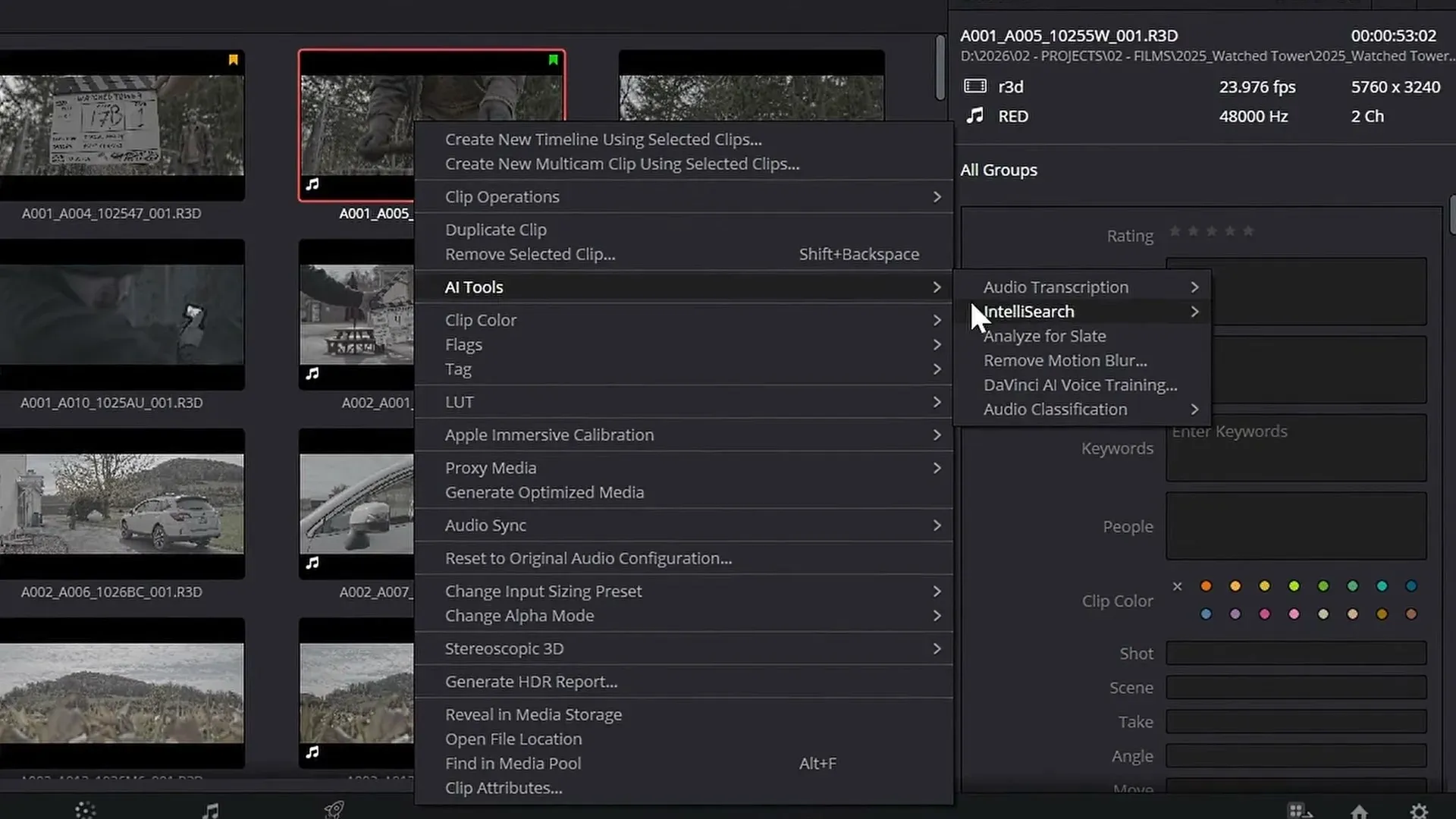 DaVinci Resolve 21 Media Pool context menu with AI Tools and Analyze for Slate selected