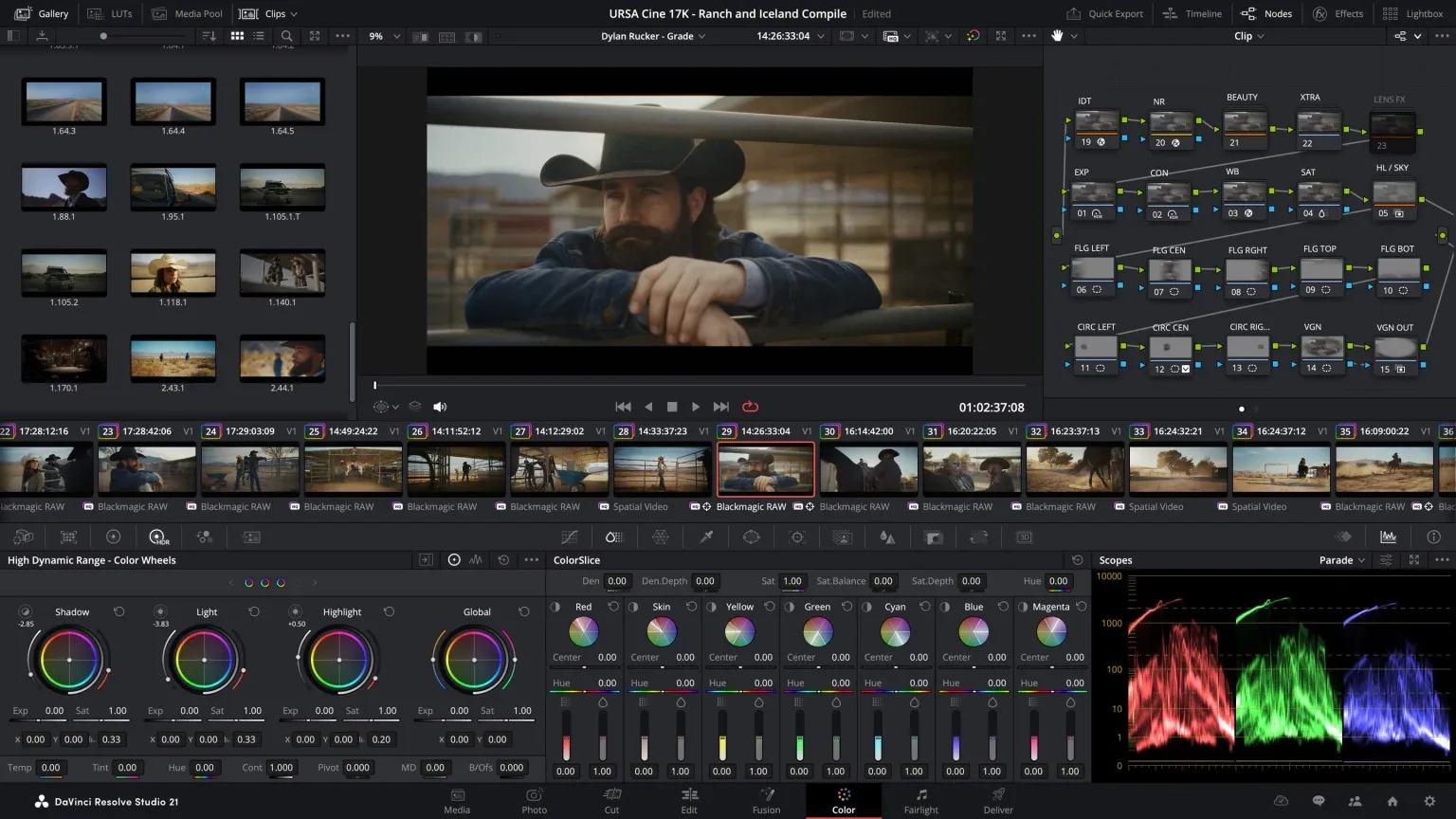 Official DaVinci Resolve Studio 21 Color page with clips nodes primary controls and scopes