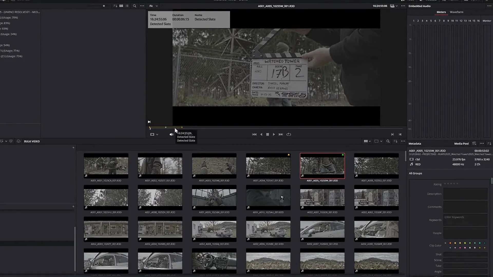 DaVinci Resolve 21 source viewer with a detected clapperboard and Detected Slate duration marker