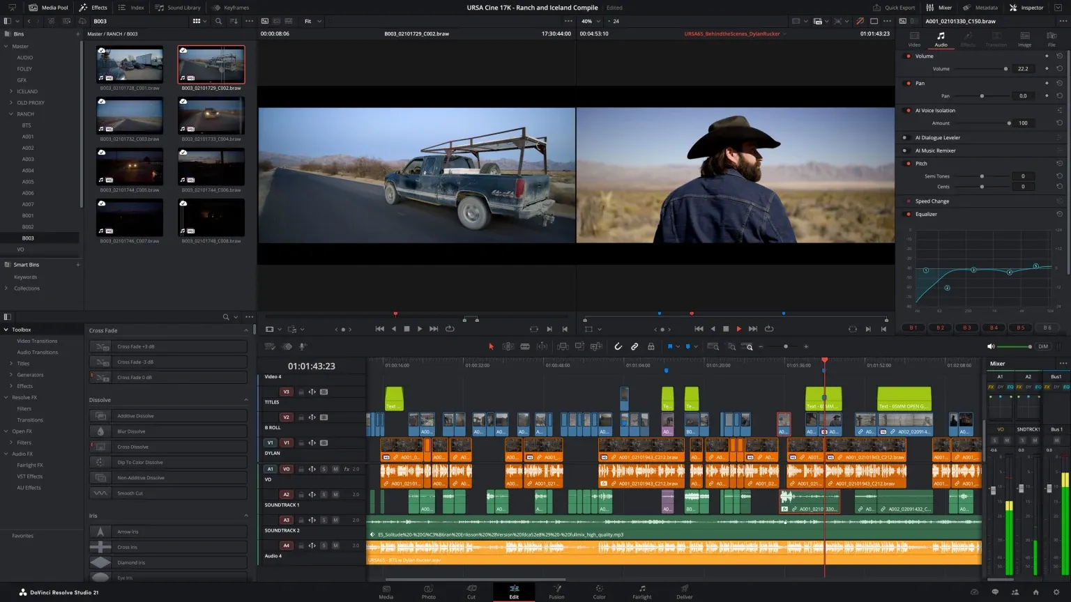 Official DaVinci Resolve Studio 21 Edit page with Media Pool viewers timeline and audio mixer