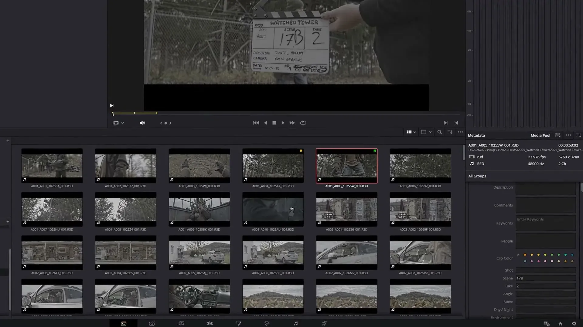 DaVinci Resolve 21 Metadata panel populated with Scene 17B and Take 2 beside the photographed slate