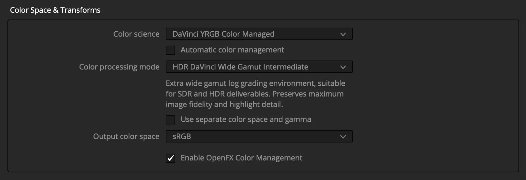 DaVinci Resolve 21 Project Settings showing DaVinci YRGB Color Managed, automatic color management off, DWG Intermediate processing and output color space