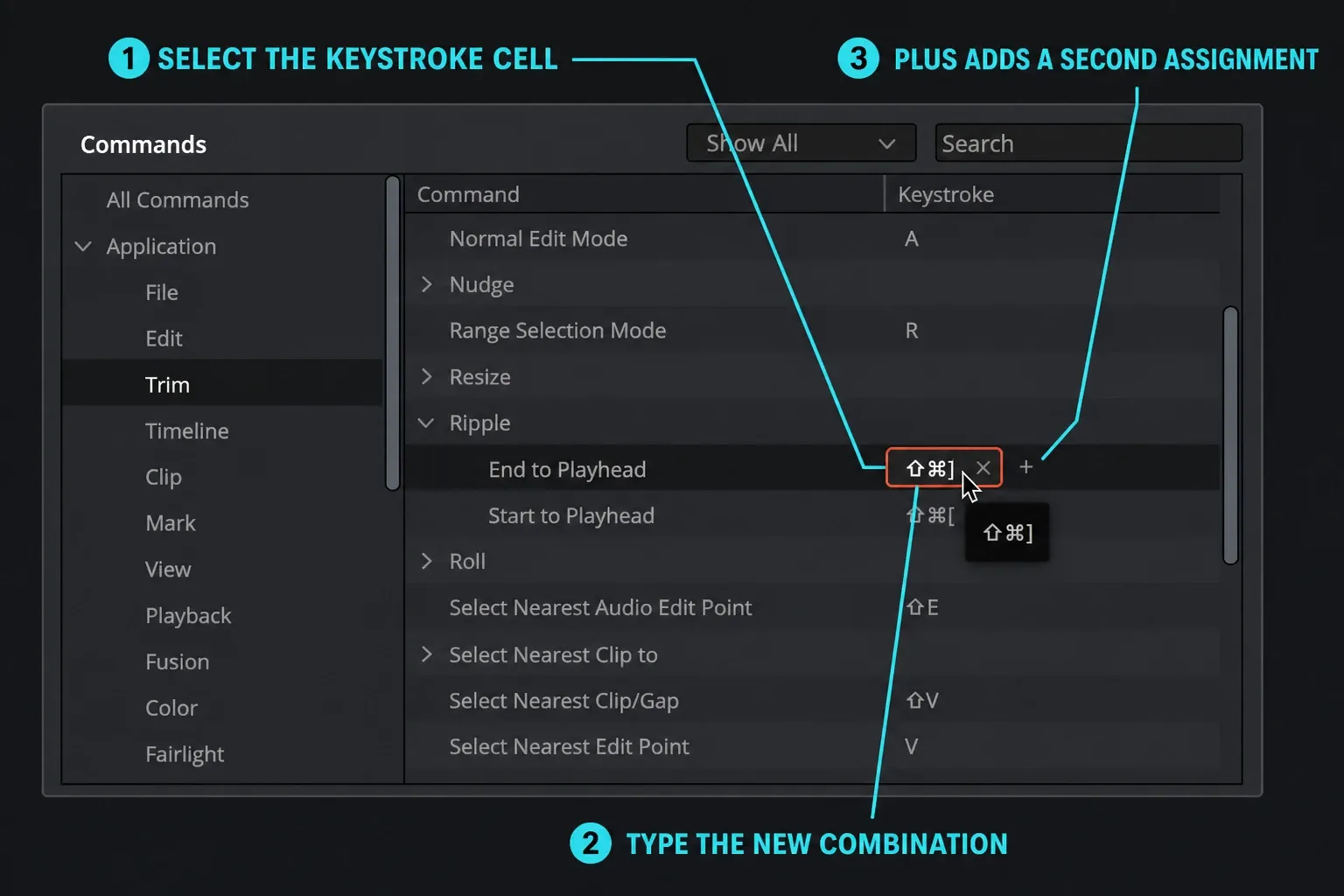 DaVinci Resolve Keyboard Customization keystroke cell for remapping End to Playhead and adding a second assignment
