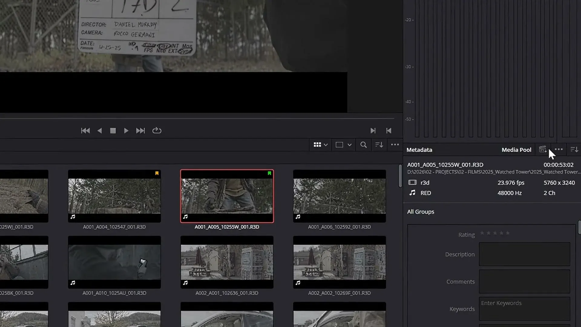DaVinci Resolve 21 Metadata panel with the Slate ID button above the selected Media Pool clip