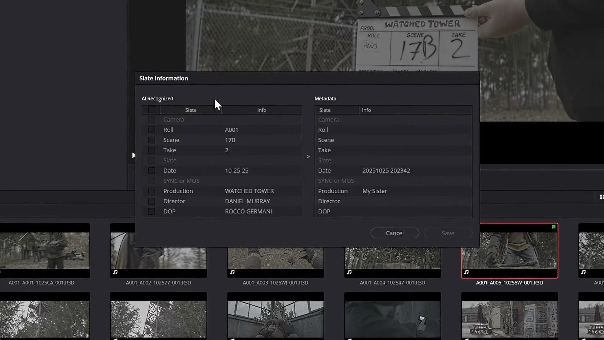DaVinci Resolve 21 Slate Information window comparing AI Recognized slate fields with existing metadata