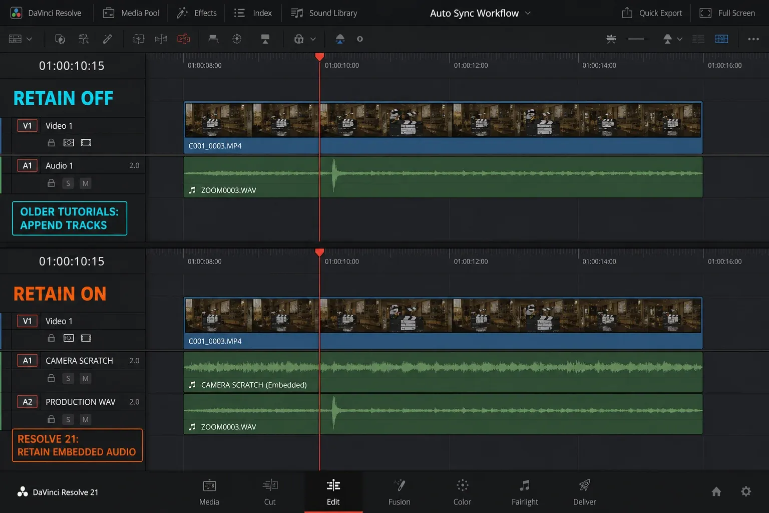 DaVinci Resolve 21 timeline comparing Retain embedded audio off and on after waveform sync
