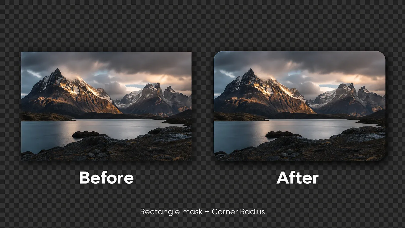 Editorial before-and-after comparison of square corners and a rounded Rectangle mask result