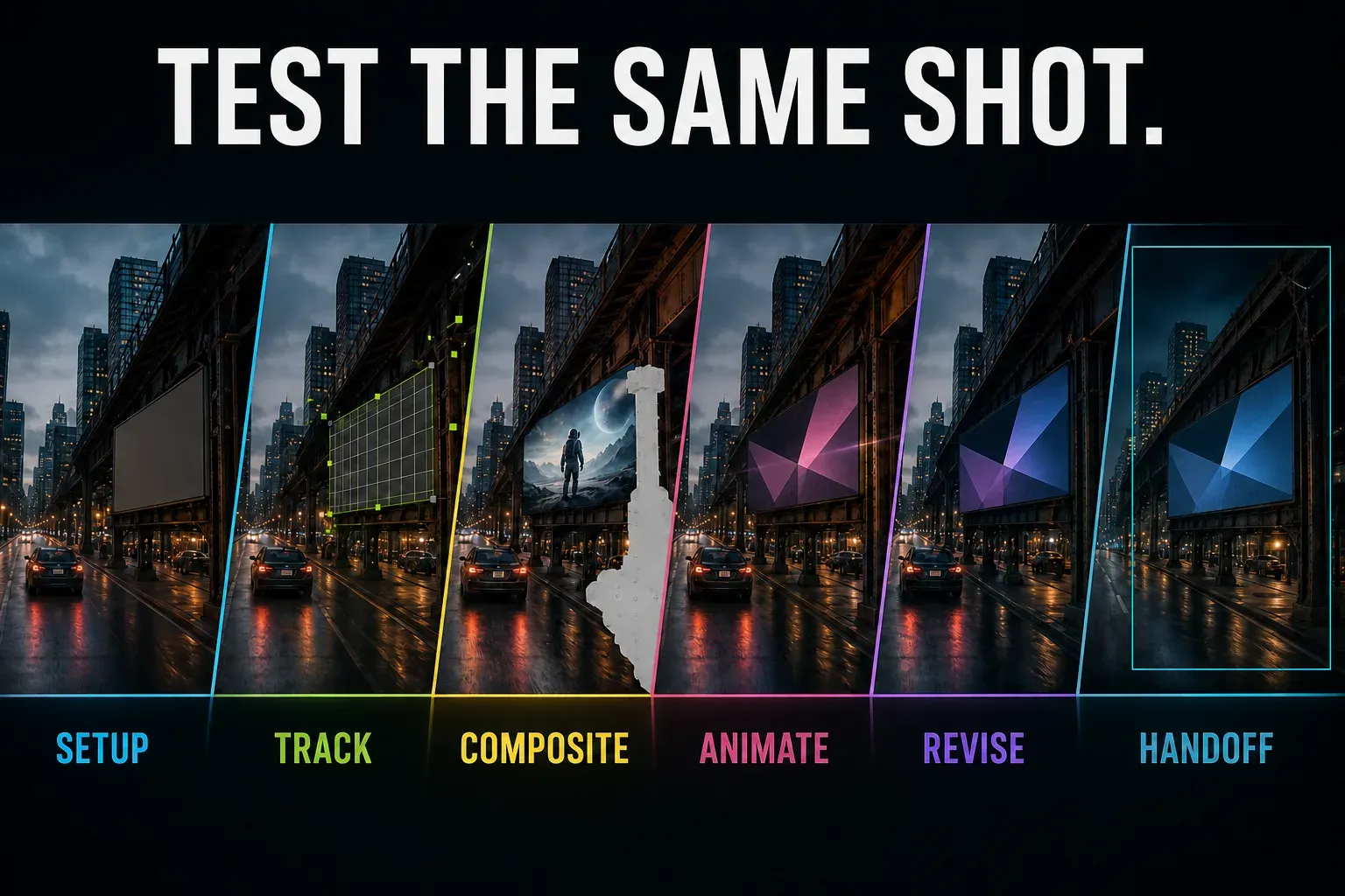 Six-checkpoint test for the same compositing shot in both applications