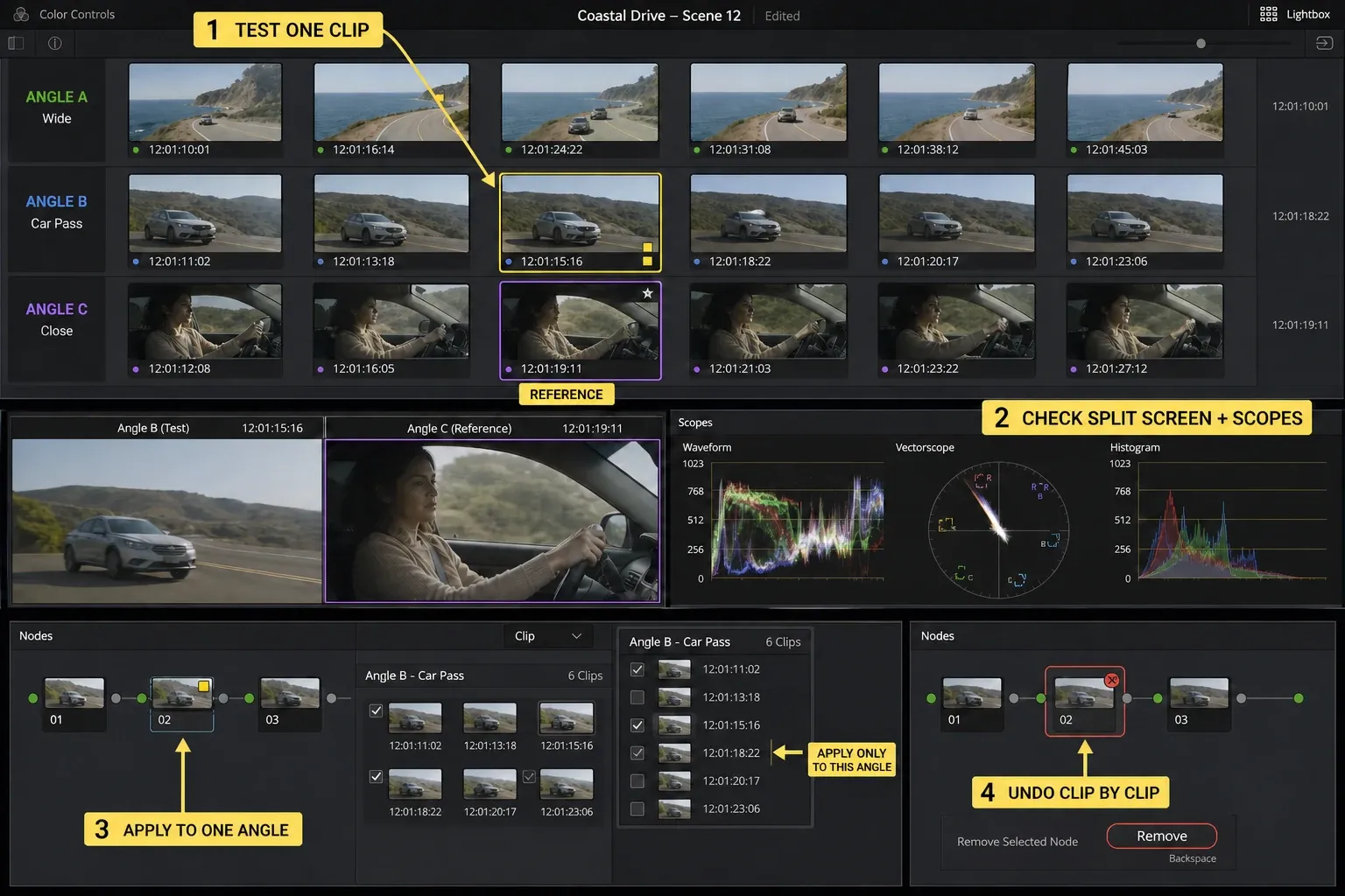 DaVinci Resolve Lightbox workflow testing one target before matching a camera angle and undoing clip by clip