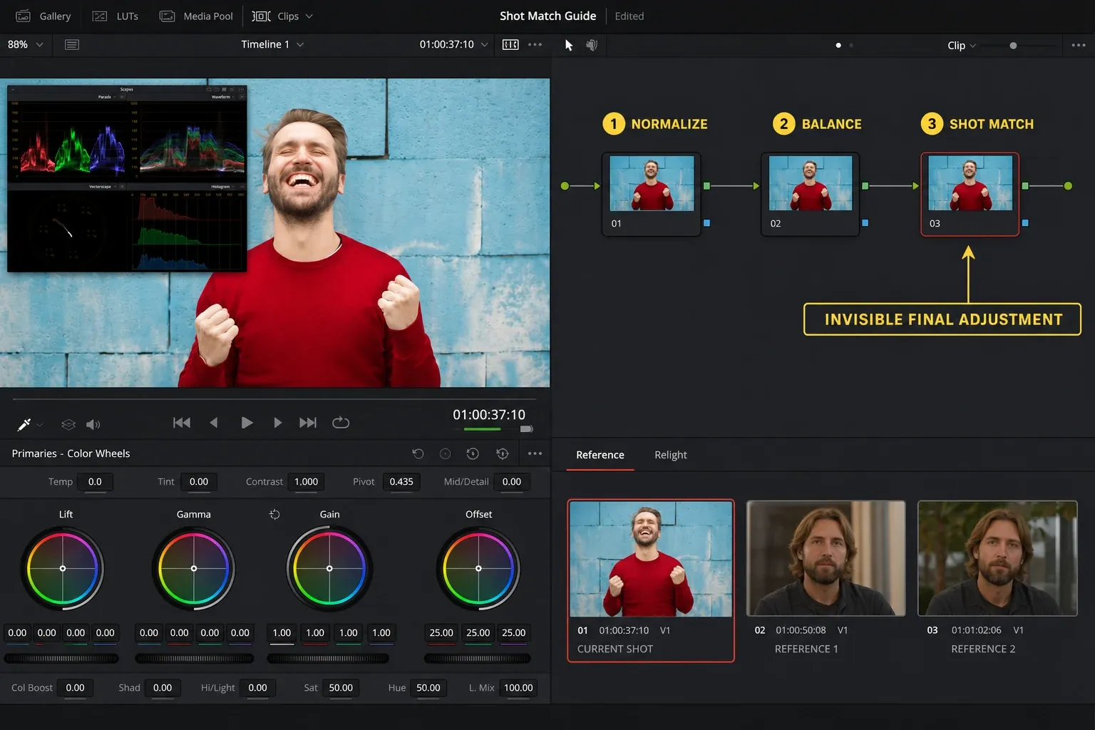 DaVinci Resolve serial nodes for normalization, balance and an invisible Shot Match correction