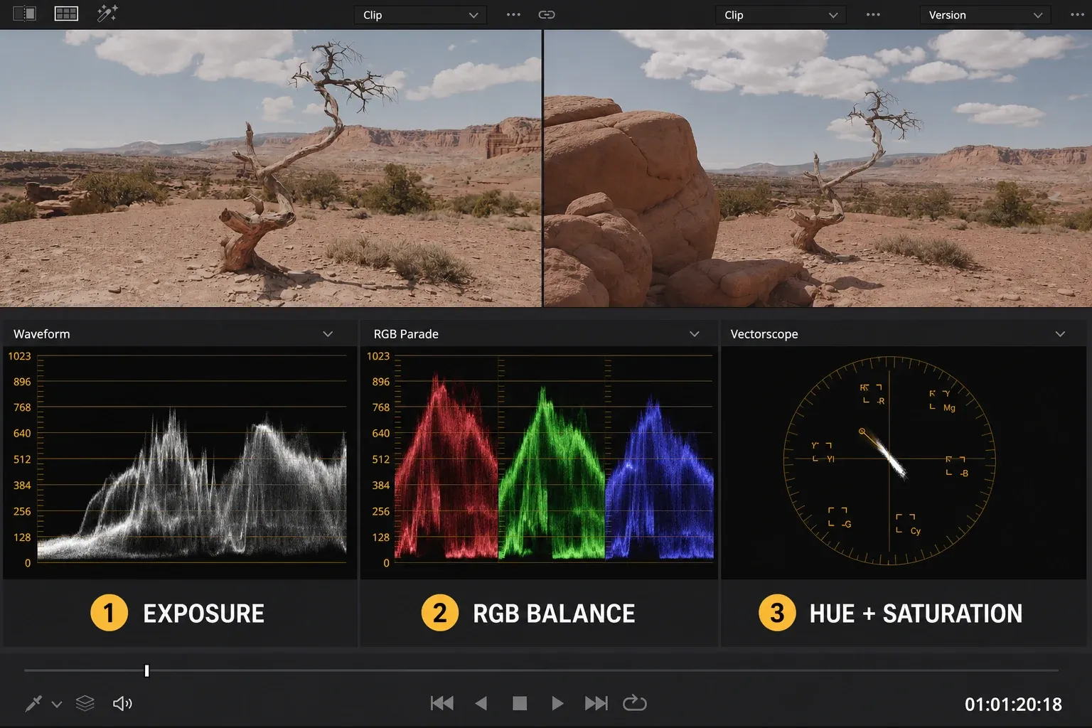 DaVinci Resolve split-screen shot comparison with waveform, RGB parade and vectorscope refinement order