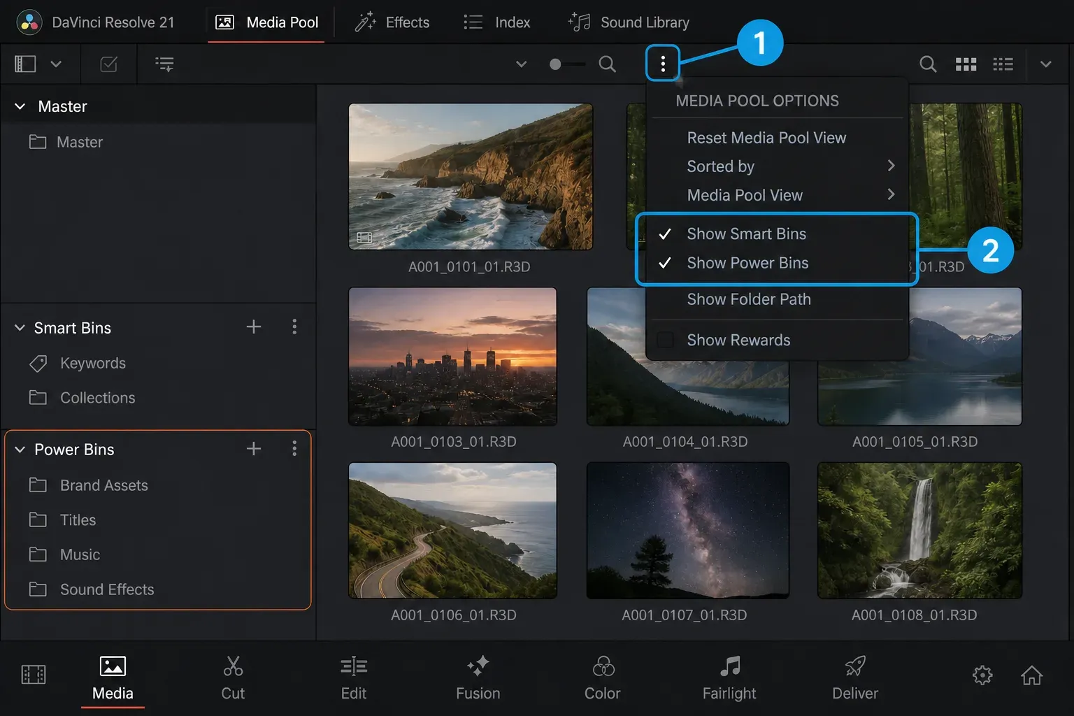 DaVinci Resolve 21 Media Pool options menu with Show Smart Bins and Show Power Bins enabled