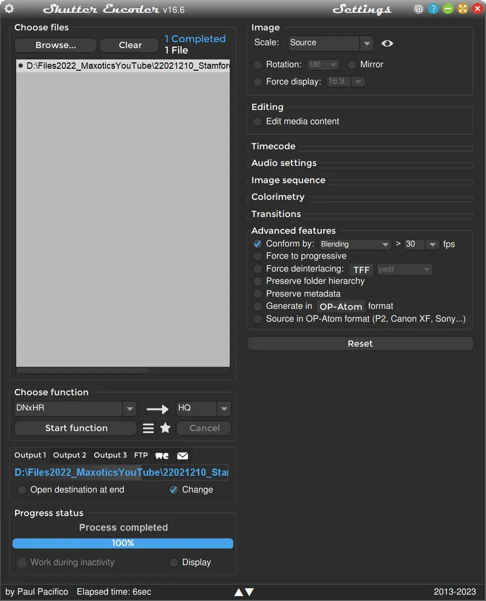 Shutter Encoder DNxHR HQ editing-codec conversion with source scale and frame-rate controls