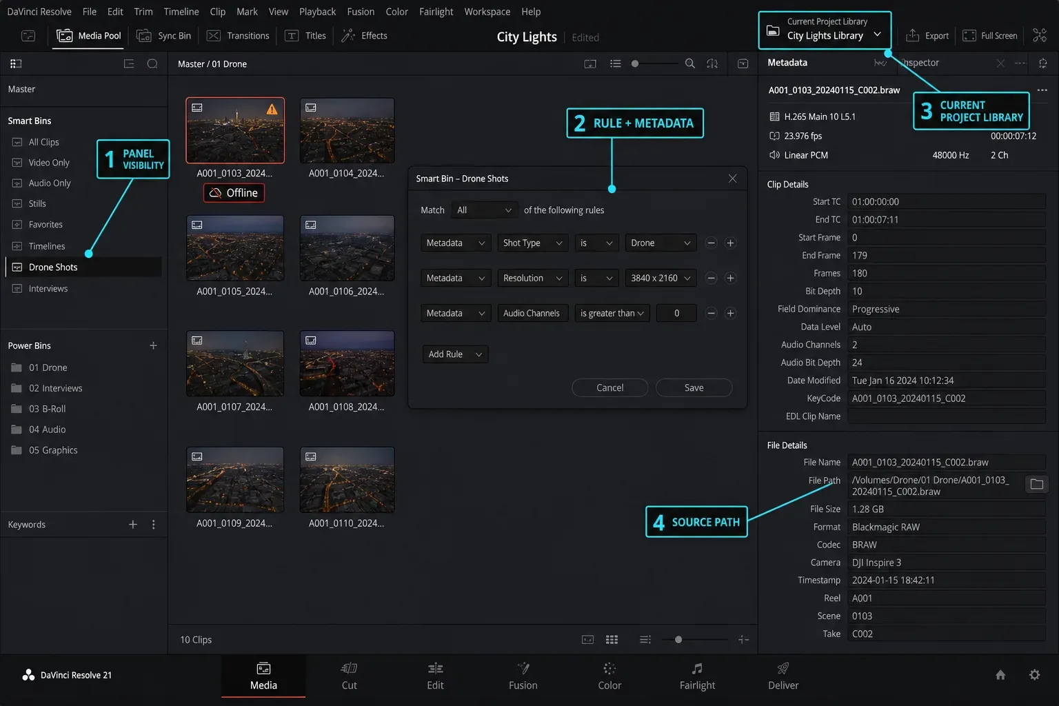 DaVinci Resolve 21 Smart Bin and Power Bin diagnostic checks in the Media Pool