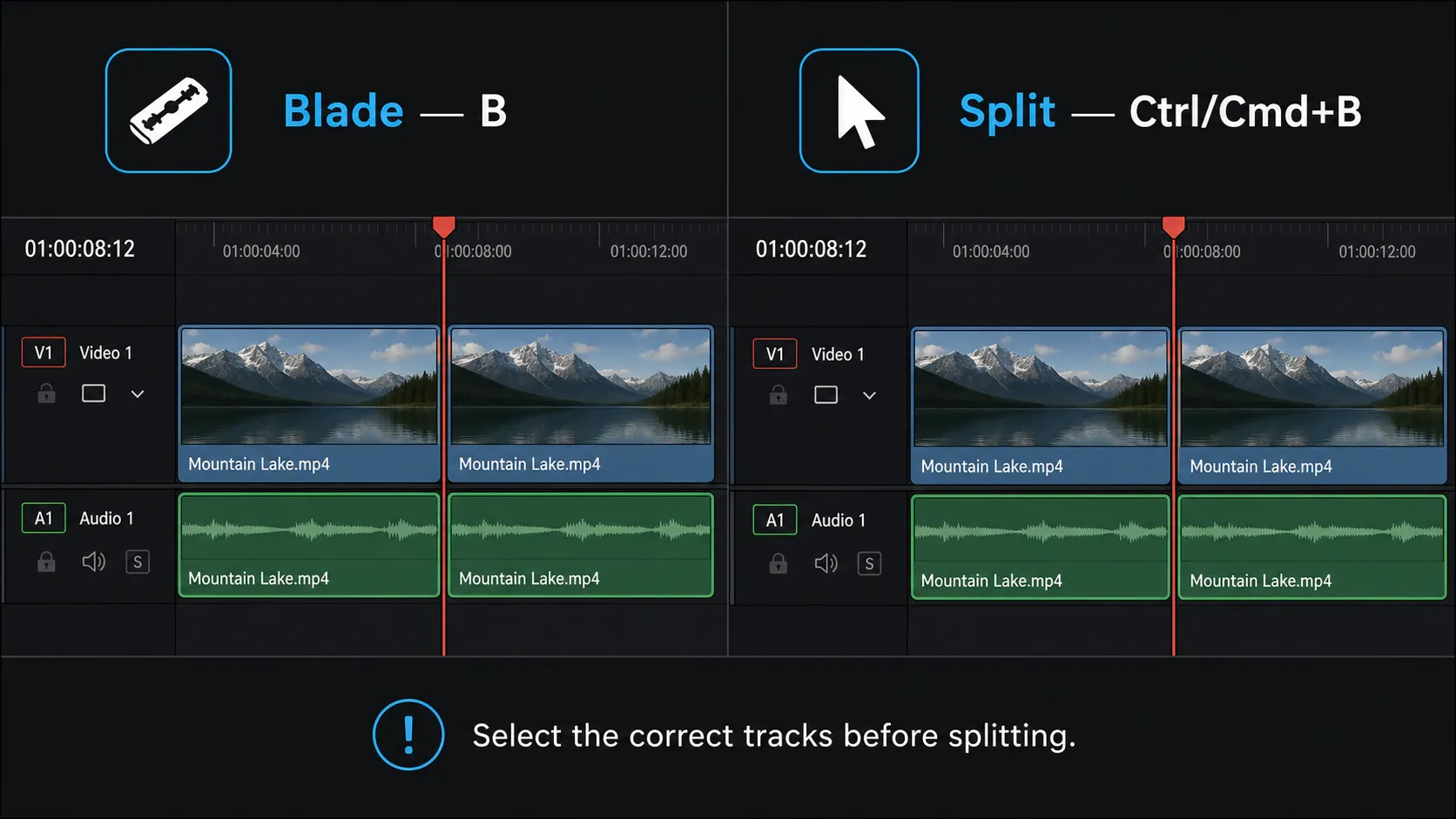DaVinci Resolve Blade tool and Split Clip shortcut compared on a timeline
