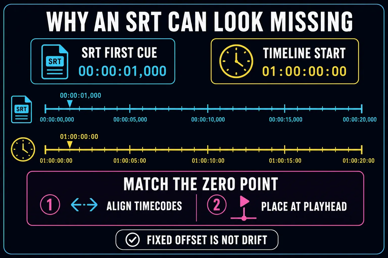 SRT cue timestamps aligned with a DaVinci Resolve timeline start timecode