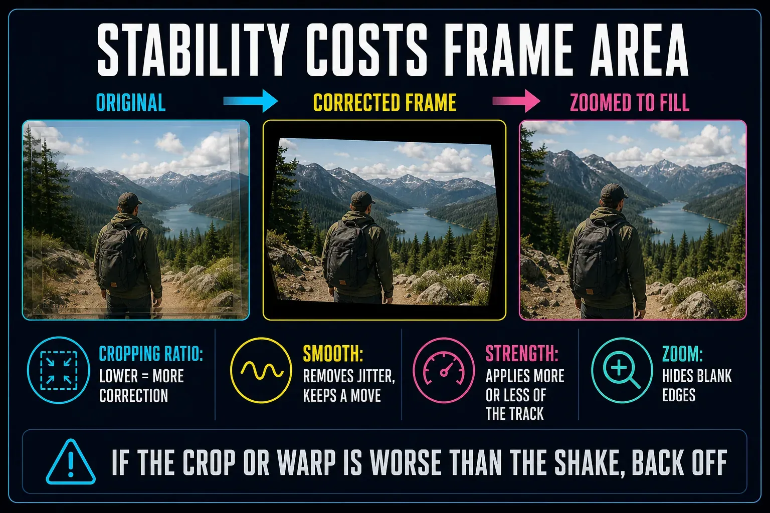 Stabilization tradeoff diagram connecting more correction with more crop, zoom and artifact risk