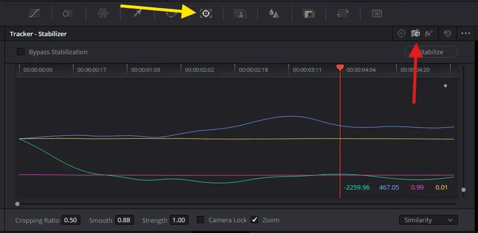 DaVinci Resolve 20 Color page Tracker Stabilizer graph with Cropping Ratio, Smooth, Strength, Camera Lock, Zoom and Similarity controls