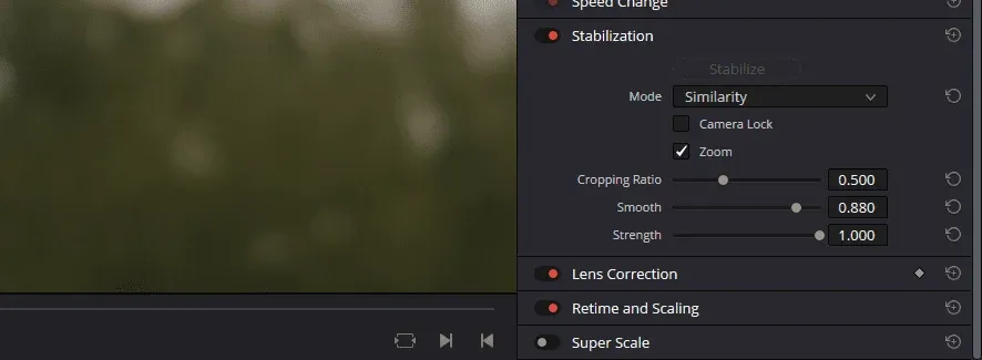 DaVinci Resolve 20 Edit Inspector stabilization controls with Similarity, Camera Lock, Zoom, Cropping Ratio, Smooth and Strength