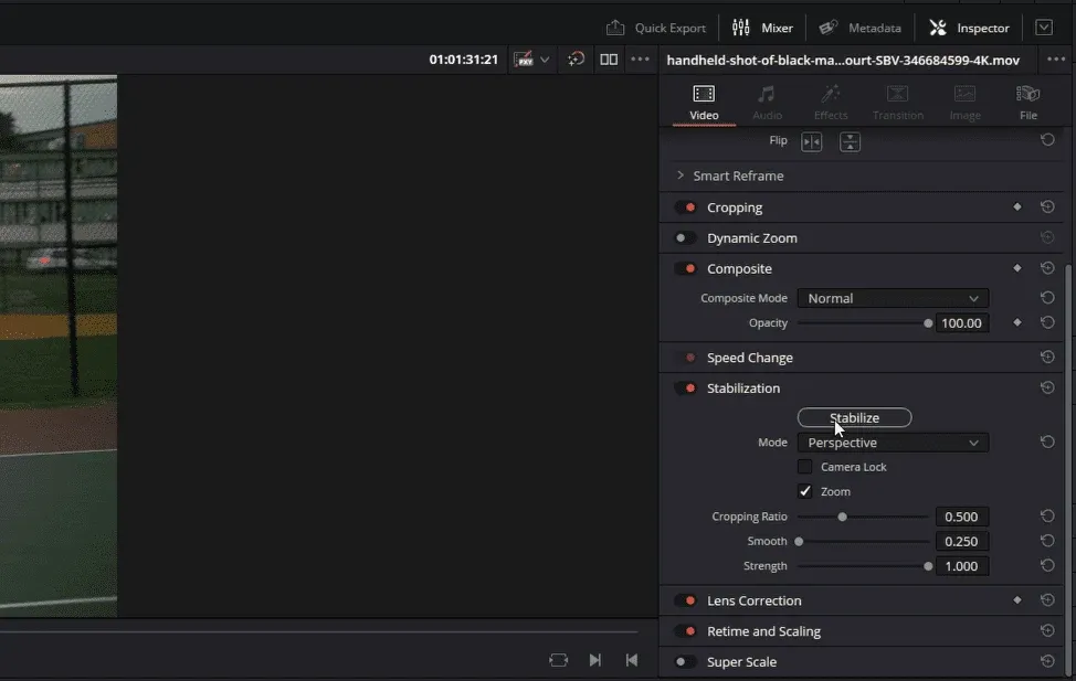 DaVinci Resolve 20 Edit page Inspector with Stabilization expanded and controls for mode, Camera Lock, Zoom, Cropping Ratio, Smooth and Strength