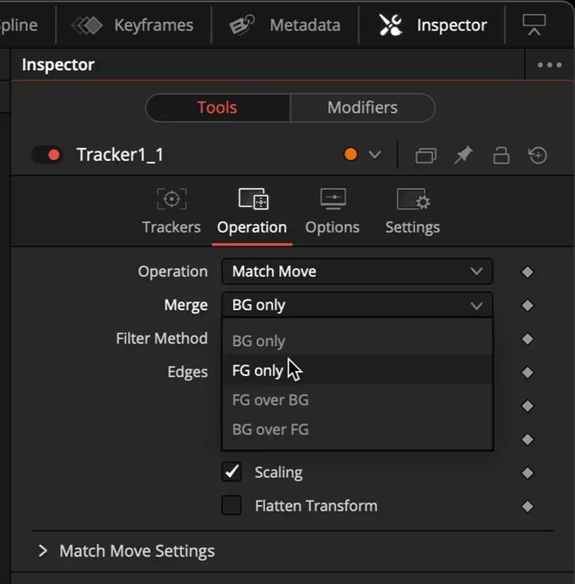 DaVinci Resolve Fusion Tracker Inspector with Operation set to Match Move and Merge set to BG only for background stabilization