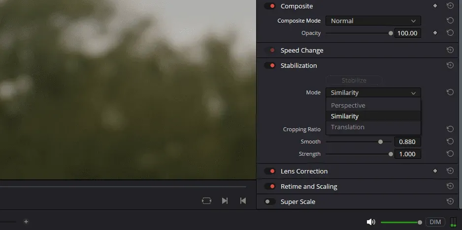DaVinci Resolve 20 Stabilization Mode menu showing Perspective, Similarity and Translation in the Edit Inspector