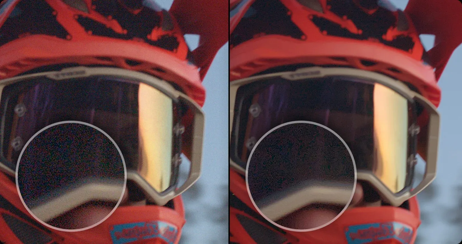 Official Blackmagic Studio advanced video noise reduction before and after comparison on a motocross helmet
