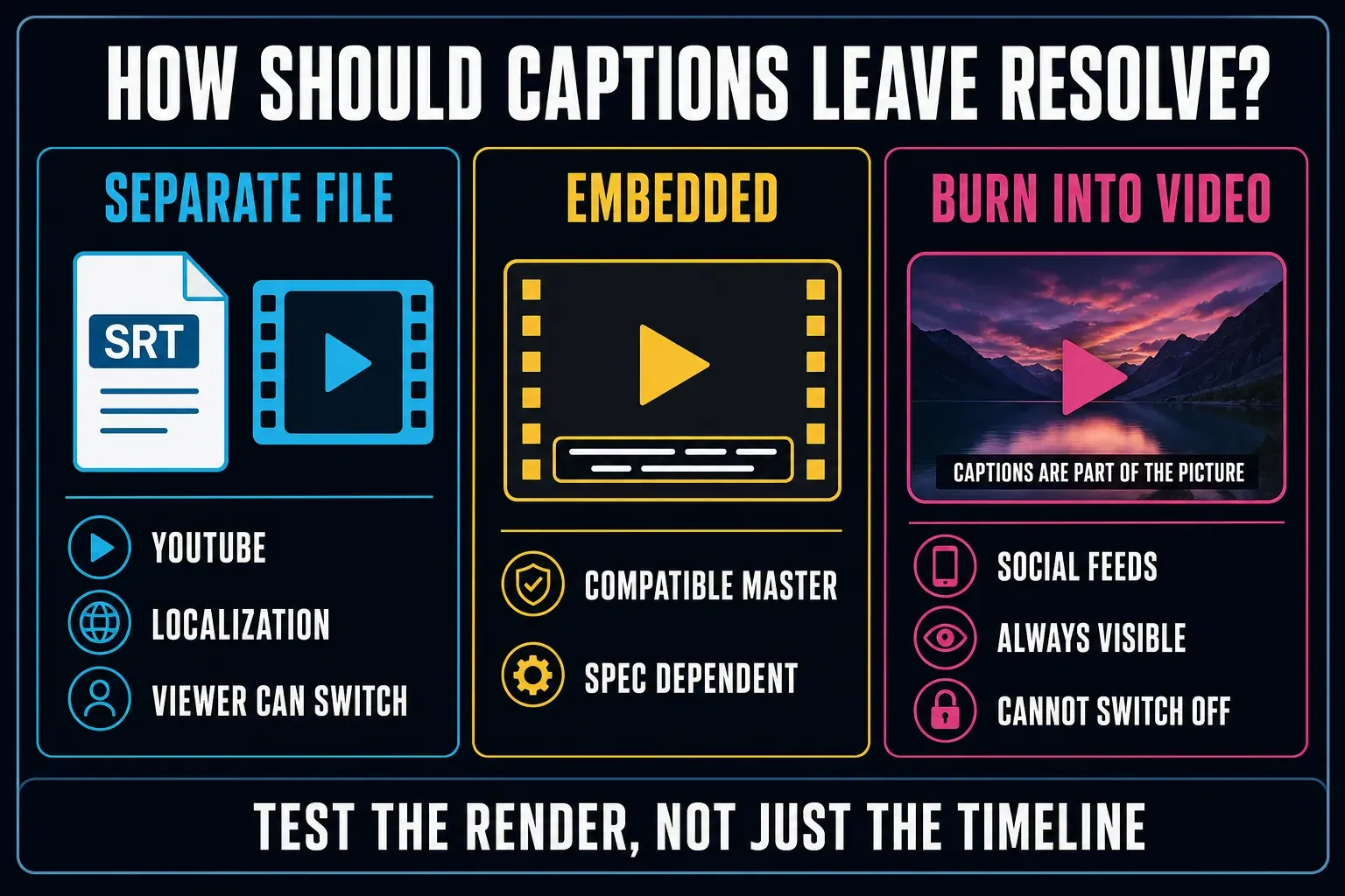 Comparison of sidecar SRT, embedded captions and burned-in subtitles for video delivery