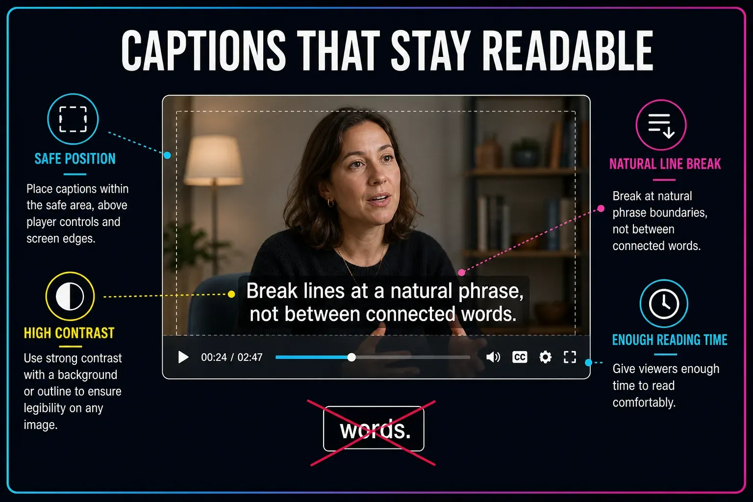Subtitle readability diagram showing safe position, line length, contrast and natural line break